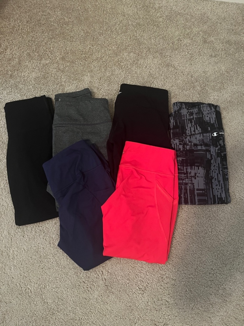 6 Assorted Activewear Leggings - Black, Charcoal, Navy, Red, Printed Gray- M